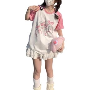 Kawaii Oversized T-Shirt Cute Pink Anime Shirt Japanese Harajuku Patchwork Tee Cartoon Print Loose Teen Girl Plus Size