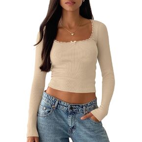 Cioatin Women Y2K Lace Patchwork Long Sleeve Crop Tops Ribbed Knit Scoop Neck Tight Fitted Going Out Tops Tshirt Outfits