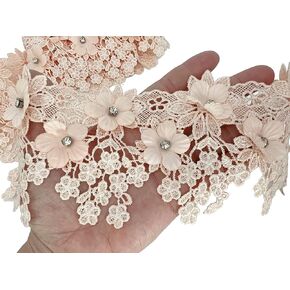 PEPPERLONELY 1 Yard Rhinestone Beaded 3D Flower Embroidered Lace Edge Trim Ribbon 8.5cm Width (3.35 Inch), Green