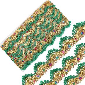 GORGECRAFT 9.3Yd 1.3 Inch Metallic Sequins Beaded Lace Trim Green Gold Glitter Venice Edge Trimmings Mesh Embroidered Wove Fringe Decorated Gimp Trim Tulle Applique for Sewing Crafts Wedding Bridal