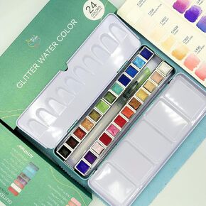 Metallic Watercolor 48 Colors in Half-Pans in a Tin Box with Waterbrush - Highly Pigmented Paint Sets for Painters, Professionals, Beginners, Hobbyists, Students, Kids