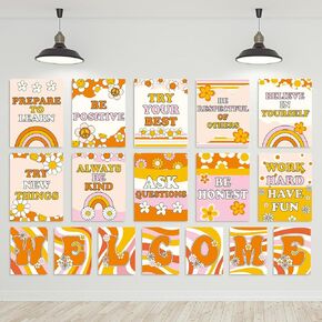 17Pcs Retro Groovy Welcome Classroom Posters Hippie Rainbow Flower Motivational Posters Bulletin Board Decorations for Back to School Classroom Wall Art Decor