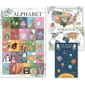 4 Greenery Pre K Learning Posters For Toddlers 1-3 - ABC Poster For Toddlers Wall, Solar System Poster For Kids Maps, Preschool Classroom Map Of The World Poster, Kindergarten Homeschool Supplies…