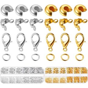 Yaomiao 782 Pcs Crimping Tool for Jewelry Making Half Round Open Crimp Beads Knot Covers Small Beads Open Jump Rings Lobster Claw Clasp for Making Jewelry Bracelets Necklaces(Silver, Gold)