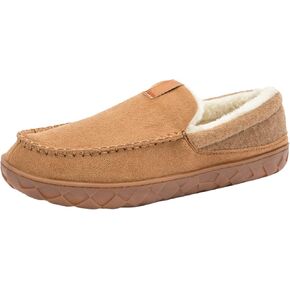 deenor Men's Moccasin House Slippers Cozy Memory Foam Bedroom Slippers Indoor Outdoor Non-slip Suede Slippers with Plush Lining Size 10.5, Brown