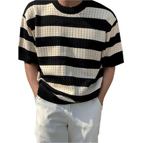 SHENHE Men's Striped Colorblock Short Sleeve Knitted Tee Drop Shoulder T Shirt