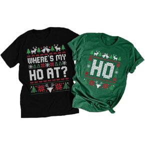 Funny Couples Ugly Christmas T-Shirt Matching Couples Xmas Tee Letter Print Holiday Shirt Casual Short Sleeve Tops