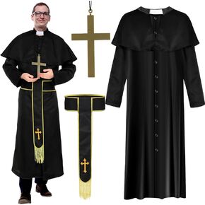 Mepase 4 Pcs Priest Costume for Adult Men Medieval Priest Costume with Robe Belt Cross for Halloween Cosplay Party
