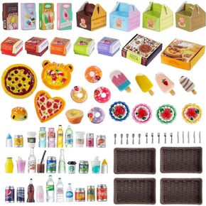 86 Pieces Miniature Pepperoni Pizza Cakes Donuts Tarts Ice Cream Burgers Set with Box for Dollhouse Mini Simulation DIY Prop Decoration Play Food Toys Pretend Kitchen Stores Supermarkets Accessories