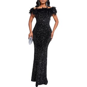 Cololura Women Elegant Sexy Sequin Off Shoulder Feather Mermaid Bodycon Cocktail Evening Party Maxi Dress