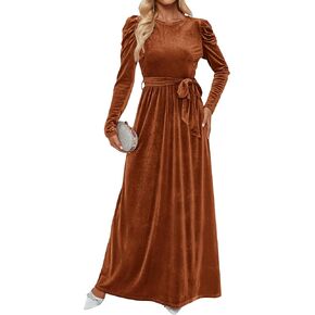 ZESICA Women's Velvet Maxi Dress Long Puff Sleeve Crew Neck Elastic High Waist Cocktail Party Bridesmaid Dresses