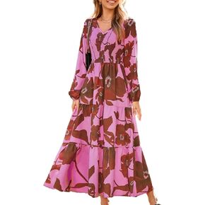 GRACE KARIN Women's Long Sleeve Dress Fall V Neck Smocked Tiered A-Line Dresses Formal Cocktail Wedding Guest Maxi Dress