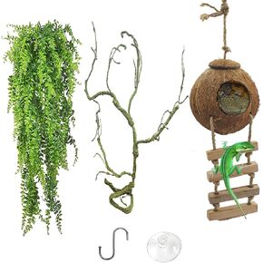 MUYG Lizard Coco Den with Ladder,Crested Gecko Coconut Husk Hut Reptile Shell Hideout Home Climbing Plants Tank Decor Terrarium Plastic Plant Leaves for Bearded Dragon Chameleon Snakes