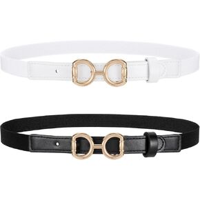 2 Pack Skinny Elastic Belts for Women Waist Belt for Dress Pants Thin Stretch Belt with Gold Buckle