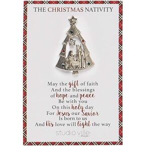 Transpac Antiqued Nativity Creche Gold Tone 2 inch Alloy Metal Christmas Brooch Pin with Card