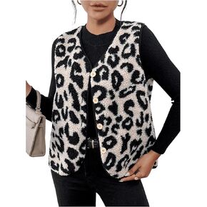MakeMeChic Women's Fleece Fuzzy Vest Leopard Print V Neck Button Down Sleeveless Jacket Waistcoat Vest