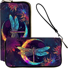 Wristlet Wallets for Women Slim Cute Zipper Wallet for Women Wallets with RFID Blocking,PU Leather Clutch Credit Card Holder Wallets Purse for Women,Ladies Wallet,Glitter Dragonfly Moon