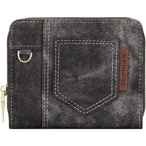 Denim Wallet for Women, Small RFID Blocking Card Holder Bifold Wallets with Zipper Pocket for Women and Girls (Denim Brown)