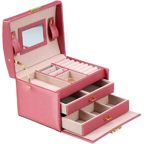 Jewelry Organizer Box with Lock, Modern Three Layer Jewelry Storage Organizer Box PU Earring Rings Bracelets Necklace Display Cabinet for Women and Girls, Watermelon Red