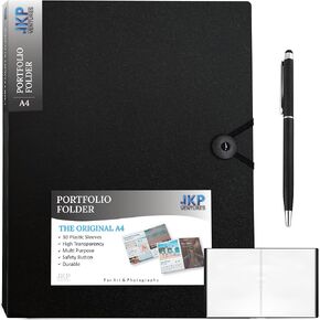 Protective Case Style Portfolio, Art Portfolio with a Button Closure, Comes with 30 Transparent Sleeves Portfolio Folder for Artwork, Binder with Plastic Sleeves Size 9x12, Touch Screen Pen