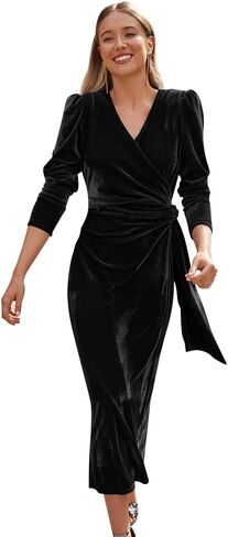 IWEMEK Women Velvet Dress Long Sleeve Wrap V Neck Ruched Bodycon Cocktail Party Maxi Dress Fall Winter Wedding Guest Dress in Kuwait