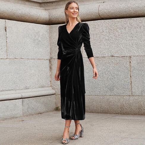 IWEMEK Women Velvet Dress Long Sleeve Wrap V Neck Ruched Bodycon Cocktail Party Maxi Dress Fall Winter Wedding Guest Dress in Kuwait