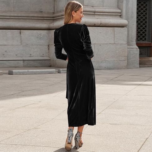 IWEMEK Women Velvet Dress Long Sleeve Wrap V Neck Ruched Bodycon Cocktail Party Maxi Dress Fall Winter Wedding Guest Dress in Kuwait