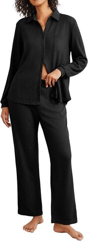 Ekouaer Womens Waffle Knit Pajamas Set 2 Pieces Loungewear Long Sleeve Button Down Matching Sleepwear in Saudi Arabia