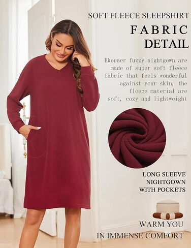 Ekouaer Women Long Sleeve Nightgown with Pockets Fleece Sleep Shirt Fuzzy Night Shirt Pullover Sleepwear Sweatshirt Dress in Saudi Arabia