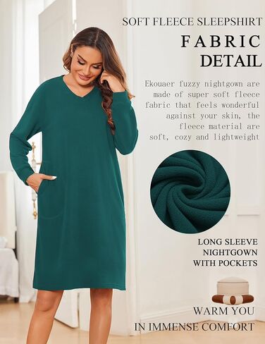 Ekouaer Women Long Sleeve Nightgown with Pockets Fleece Sleep Shirt Fuzzy Night Shirt Pullover Sleepwear Sweatshirt Dress in Saudi Arabia