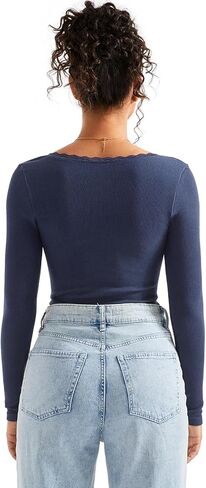 SUUKSESS Women Square Neck Ribbed Long Sleeve Shirts Lace Trim Y2k Crop Top in Saudi Arabia