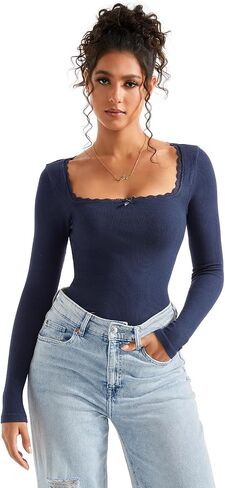 SUUKSESS Women Square Neck Ribbed Long Sleeve Shirts Lace Trim Y2k Crop Top in Saudi Arabia