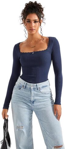 SUUKSESS Women Square Neck Ribbed Long Sleeve Shirts Lace Trim Y2k Crop Top in Saudi Arabia
