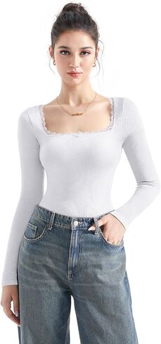 SUUKSESS Women Square Neck Ribbed Long Sleeve Shirts Lace Trim Y2k Crop Top in Saudi Arabia