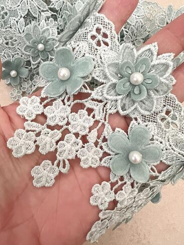 PEPPERLONELY 1 Yard Rhinestone Beaded 3D Flower Embroidered Lace Edge Trim Ribbon 8.5cm Width (3.35 Inch), Green in Saudi Arabia