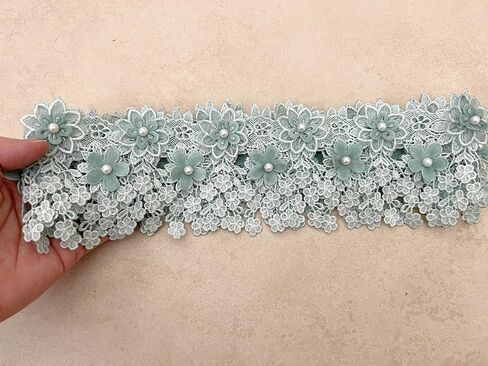 PEPPERLONELY 1 Yard Rhinestone Beaded 3D Flower Embroidered Lace Edge Trim Ribbon 8.5cm Width (3.35 Inch), Green in Saudi Arabia
