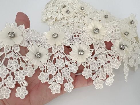 PEPPERLONELY 1 Yard Rhinestone Beaded 3D Flower Embroidered Lace Edge Trim Ribbon 8.5cm Width (3.35 Inch), Green in Saudi Arabia