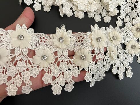 PEPPERLONELY 1 Yard Rhinestone Beaded 3D Flower Embroidered Lace Edge Trim Ribbon 8.5cm Width (3.35 Inch), Green in Saudi Arabia