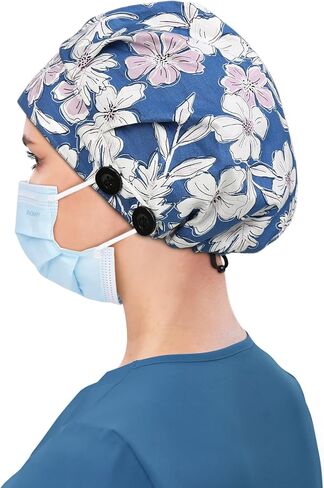 Satin Lined Bouffant Scrub Nurse Cap with 4 Buttons and Sweatband Adjustable in Saudi Arabia