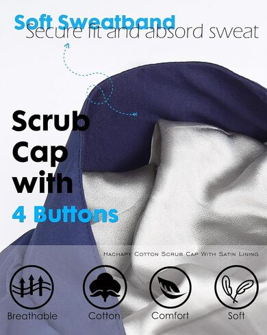 Satin Lined Bouffant Scrub Nurse Cap with 4 Buttons and Sweatband Adjustable in Saudi Arabia