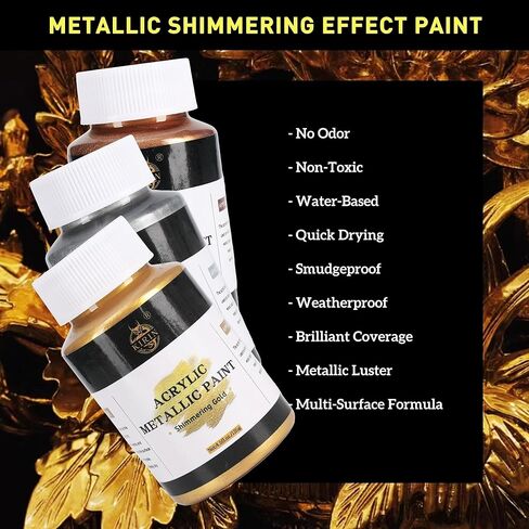مجموعة طلاء أكريليك من كيرين، ذهبي معدني وفضي وبرونزي، طلاء أوراق ذهبية للرسم الفني والحرف اليدوية، دهانات فكرة للأثاث القماشي والأثاث الخشبي والطين القماشي (3 قطع، 125 جرام/زجاجة) in Kuwait