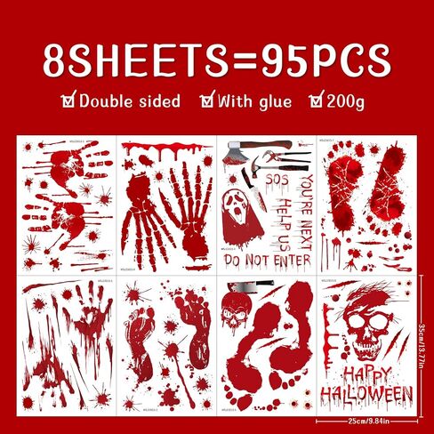ديكورات الهالوين 95 قطعة من ملصقات نوافذ الهالوين، 8 أوراق طبعة يد رعب دموية للهالوين ملصقات نافذة للهالوين ملصقات جدارية وملصقات للأرضيات، لوازم ملصقات حفلات الهالوين الداخلية/الخارجية in Kuwait