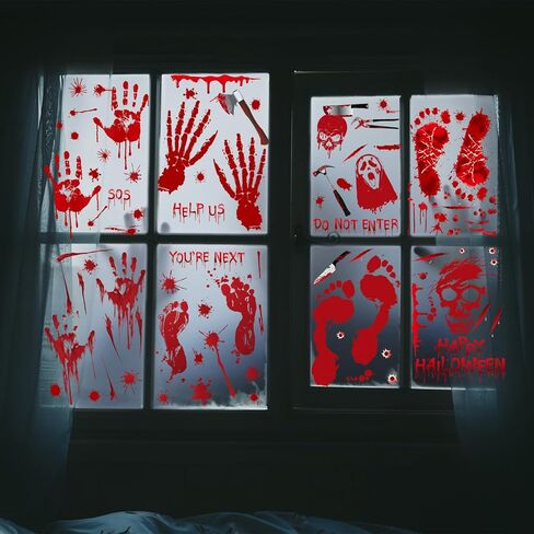 ديكورات الهالوين 95 قطعة من ملصقات نوافذ الهالوين، 8 أوراق طبعة يد رعب دموية للهالوين ملصقات نافذة للهالوين ملصقات جدارية وملصقات للأرضيات، لوازم ملصقات حفلات الهالوين الداخلية/الخارجية in Kuwait