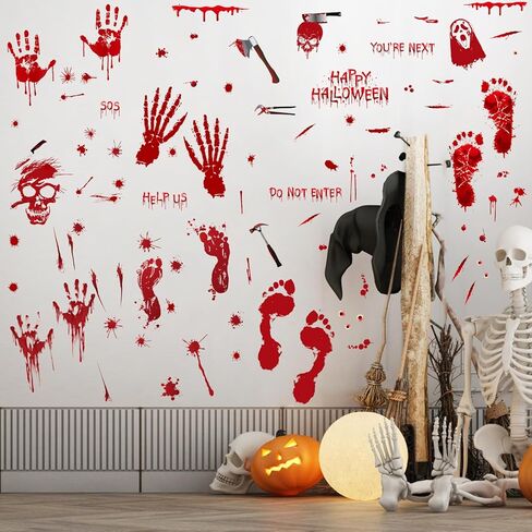 ديكورات الهالوين 95 قطعة من ملصقات نوافذ الهالوين، 8 أوراق طبعة يد رعب دموية للهالوين ملصقات نافذة للهالوين ملصقات جدارية وملصقات للأرضيات، لوازم ملصقات حفلات الهالوين الداخلية/الخارجية in Kuwait