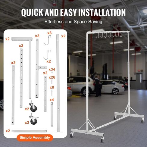 VEVOR Painting Rack, 5 ft-7 ft Adjustable Height, 66 lbs Capacity Automotive Paint Rack Stand, 8 Hooks Painting Drying Rack with 4 Swiveling Wheels, Auto Body Stand for Auto Repair Shops & Garage in Saudi Arabia