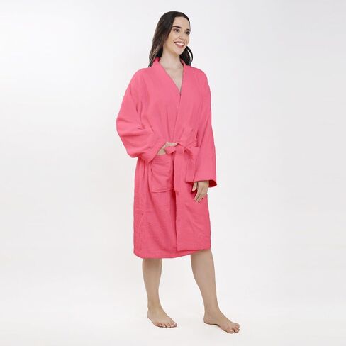 Organix Unisex Lightweight Bathrobe for Men & Women, 100% Ringspun Cotton, Kimono Collar, Mid-Length Bathrobe, High Absorbent Bathrobe for Shower, Spa - Pink (One Size) in Saudi Arabia