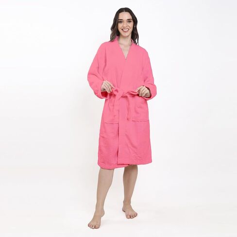 Organix Unisex Lightweight Bathrobe for Men & Women, 100% Ringspun Cotton, Kimono Collar, Mid-Length Bathrobe, High Absorbent Bathrobe for Shower, Spa - Pink (One Size) in Saudi Arabia