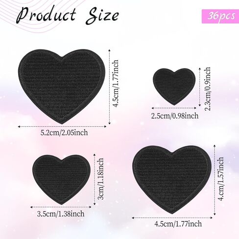 36Pcs Black Heart Iron on Patches Cute Iron on Heart Patches Mini Heart Iron-on Sew-on Patches for DIY Clothing Hats Backpacks Shoes(4 Sizes in Saudi Arabia
