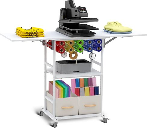 jxgzyy طاولة الضغط الحراري تنظيم الطاولة وعربة التخزين مع عجلات 3 طبقات قابلة للطي مكتب حامل الضغط الحراري مع حامل لفافة الفينيل لغرفة الحرف اليدوية المنزلية، آلة نقل التسامي DIY in Kuwait