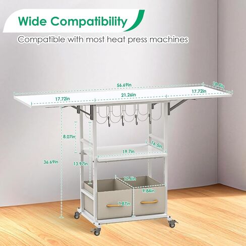 jxgzyy طاولة الضغط الحراري تنظيم الطاولة وعربة التخزين مع عجلات 3 طبقات قابلة للطي مكتب حامل الضغط الحراري مع حامل لفافة الفينيل لغرفة الحرف اليدوية المنزلية، آلة نقل التسامي DIY in Kuwait